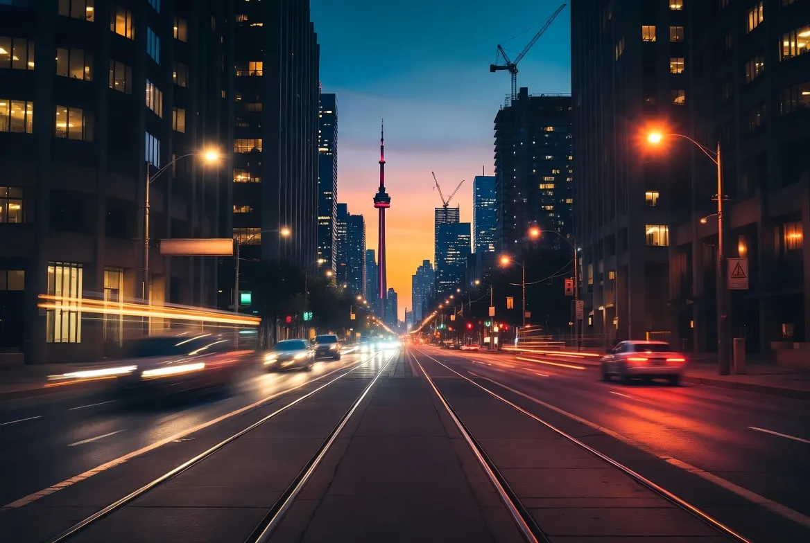 University Avenue in Toronto at dusk — the CN Tower and construction cranes against a twilight sky, streetcar tracks and headlight streaks in the foreground